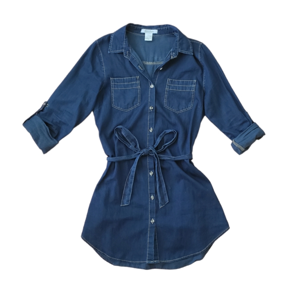 Button-Front Indigo Tunic Shirt Dress with Waist Tie
